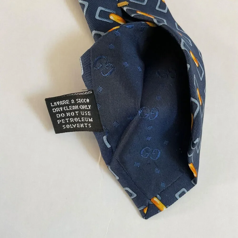 VTG Gucci Silk Tie Chain Link Geometric Navy Blue Orange Italy Luxury Classic